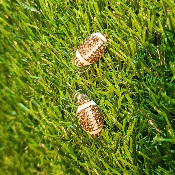 Football NFL sport theme dangle earrings - brown rhinestone white enamel - Picture 4 of 4